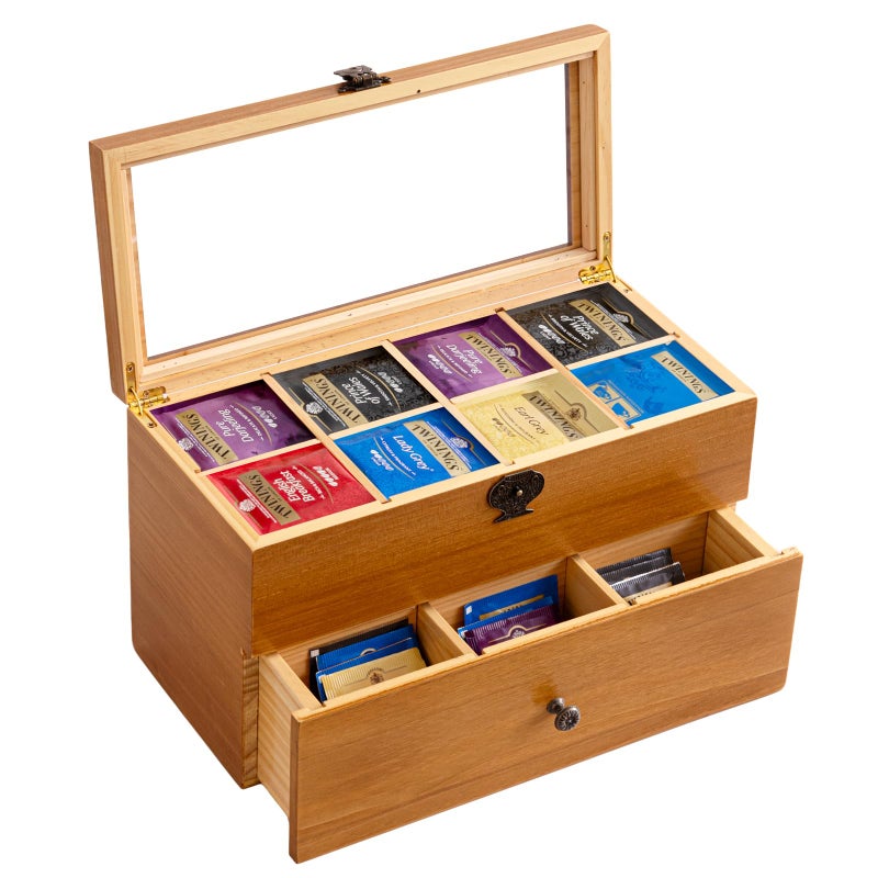 WELLAND Wood Tea Bag Organizer, Storage Box with Clear Acrylic Window, 2-layer 14 Compartments Large Capacity Tea Bag Holders, Gift Idea - Image 1